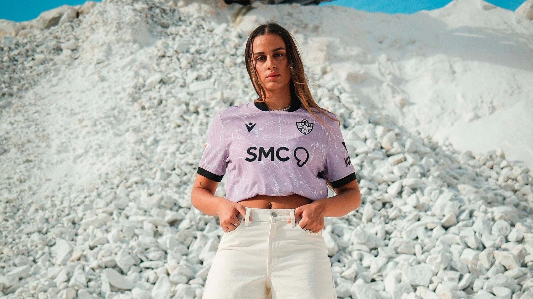 UD Almeria players wearing the Macron 2026/27 Away Kit at the Macael marble quarries.